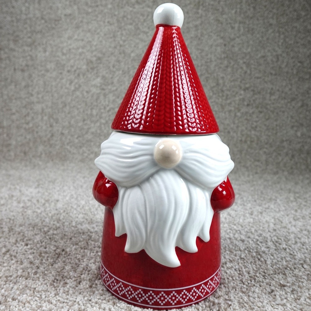 Red Ceramic Santa Gnome Cookie Jar Christmas‎ Holiday Canister 14.5 Inch